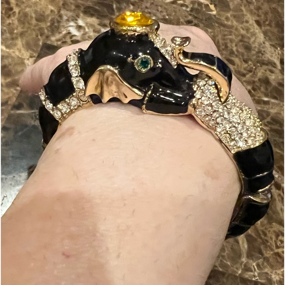 Vintage Elephant Bracelet Black Enamel & Swarovski Crystal Bangle Hinged Closure